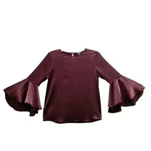 Ann Taylor Women's Burgundy Vino Polyester Charmeuse Bell Sleeve Top NEW